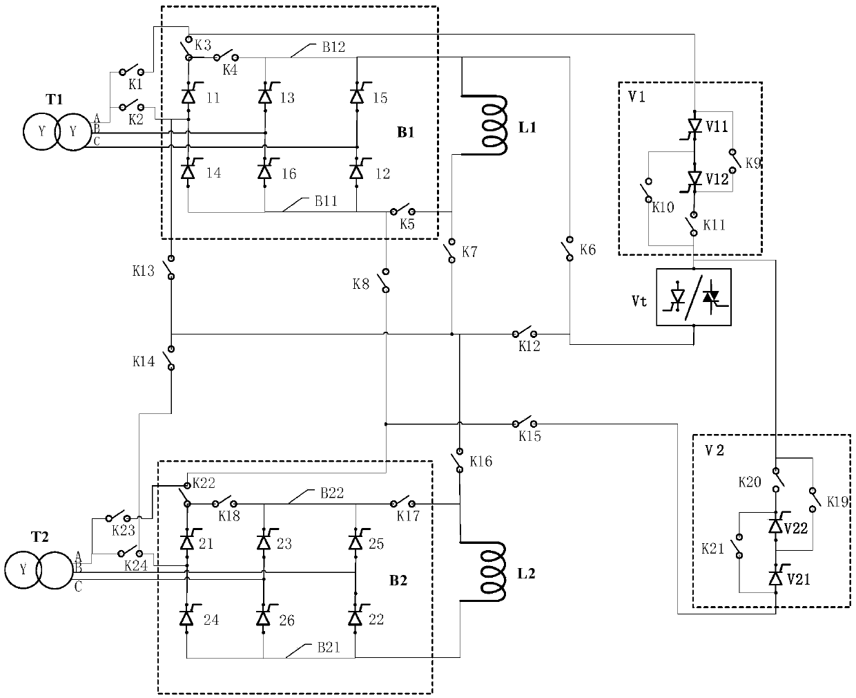 Electrical test device of thyristor valve and power supply device of electrical test device