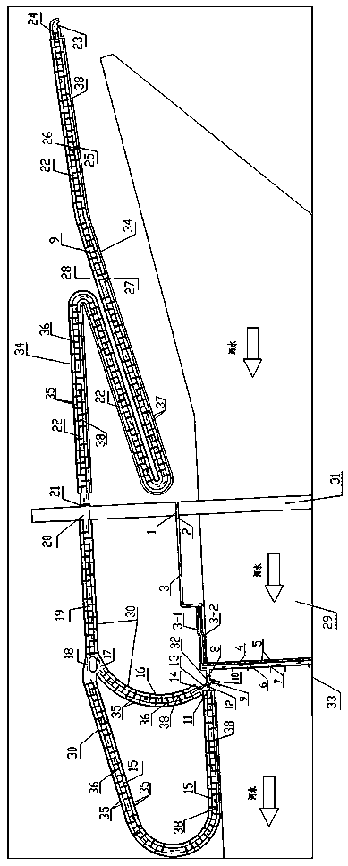 Ecological fishway with high and low inlets and main and auxiliary outlets being in vertical seam type