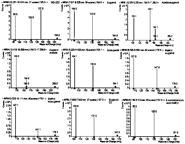 Method for detecting a plurality of anesthetics in aquatic product through triple quadrupole gas chromatography-mass spectrometry