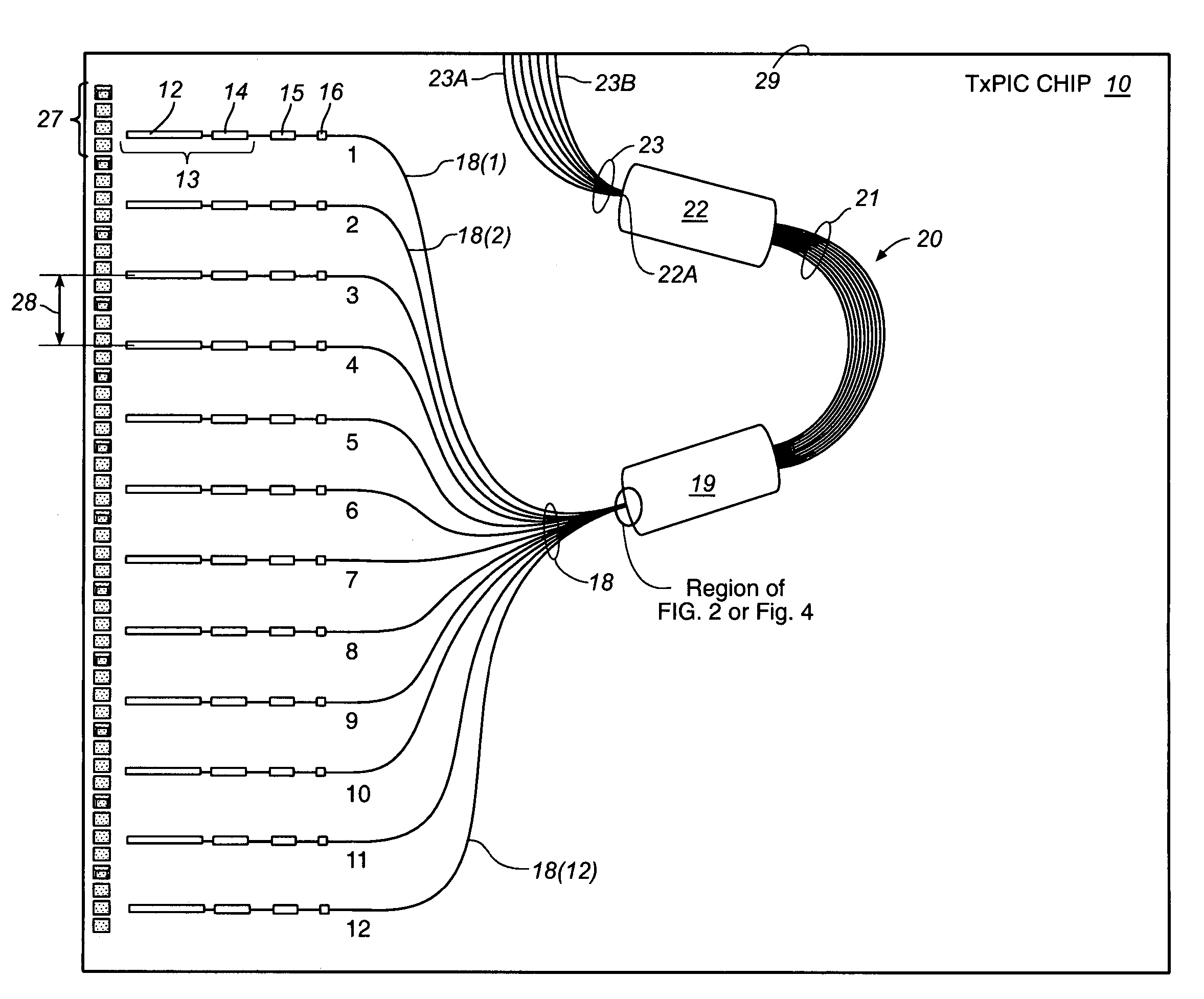 Tilted combiners/decombiners and photonic integrated circuit (PIC) employing the same