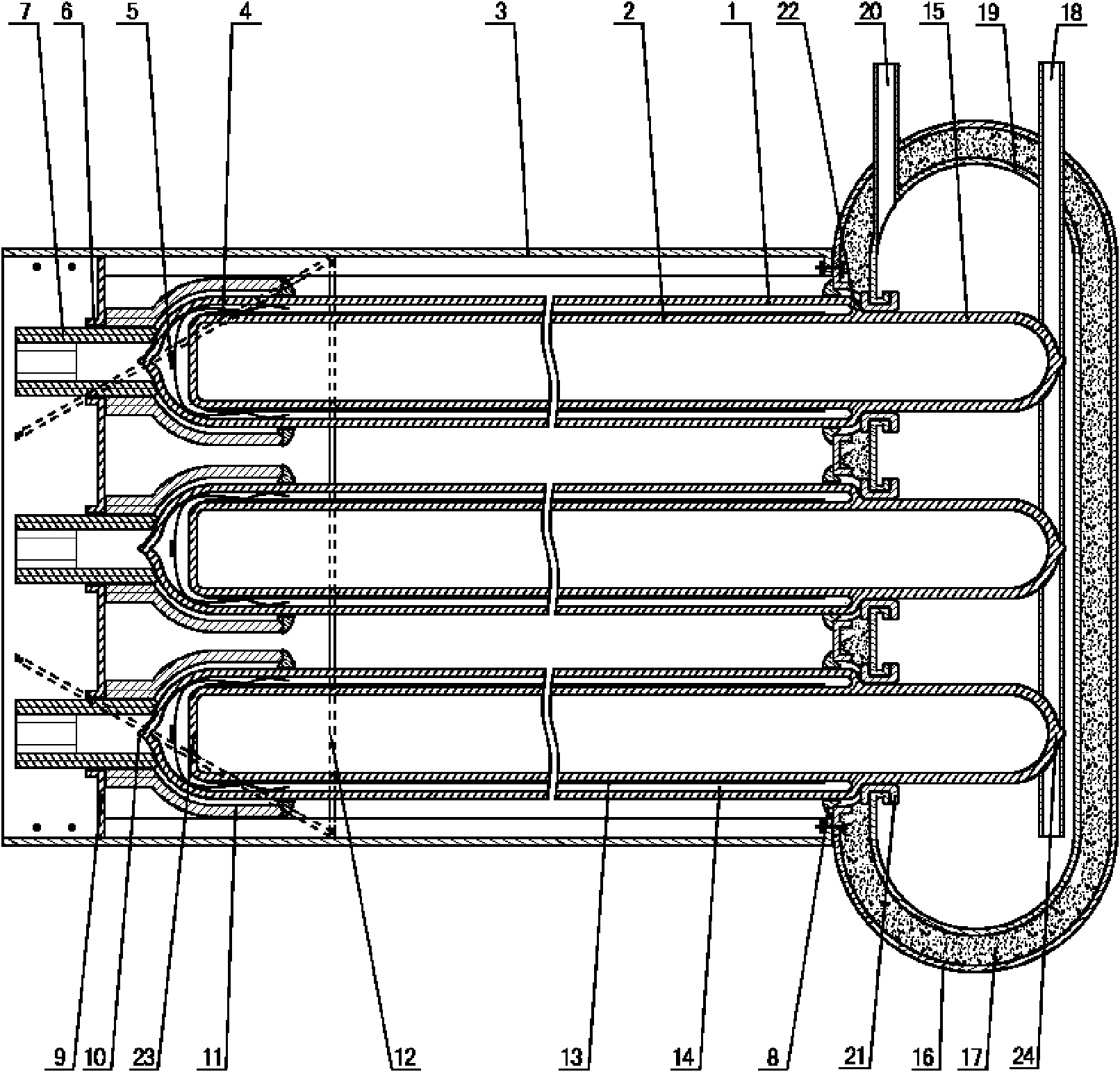 Transversely inserted and close-spaced all-glass vacuum heat pipe combined heat-collecting pipe type solar collector