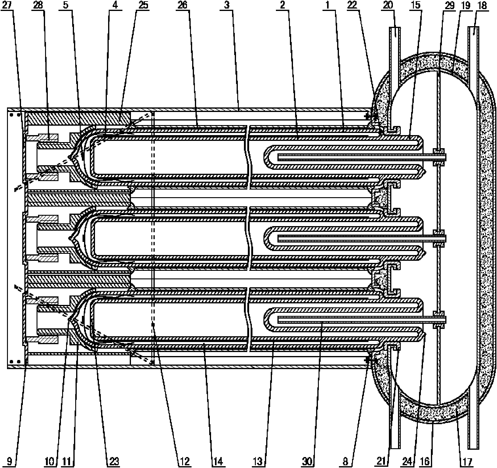 Transversely inserted and close-spaced all-glass vacuum heat pipe combined heat-collecting pipe type solar collector