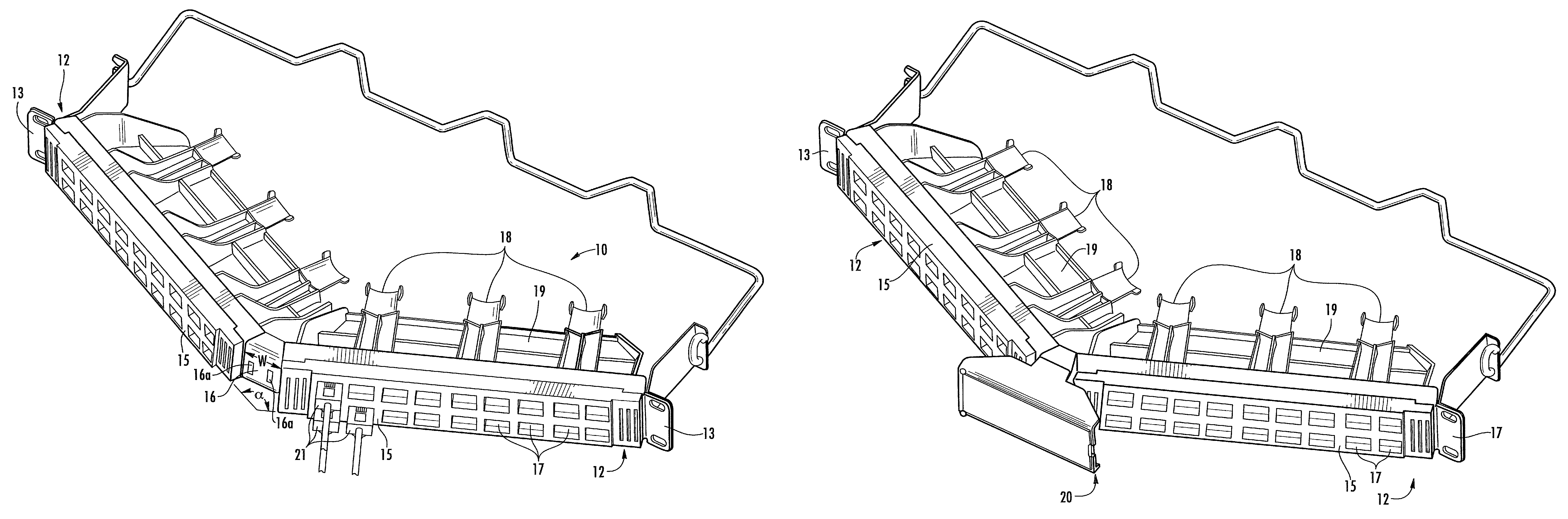 Angled patch panel with removable forwardly-extending display