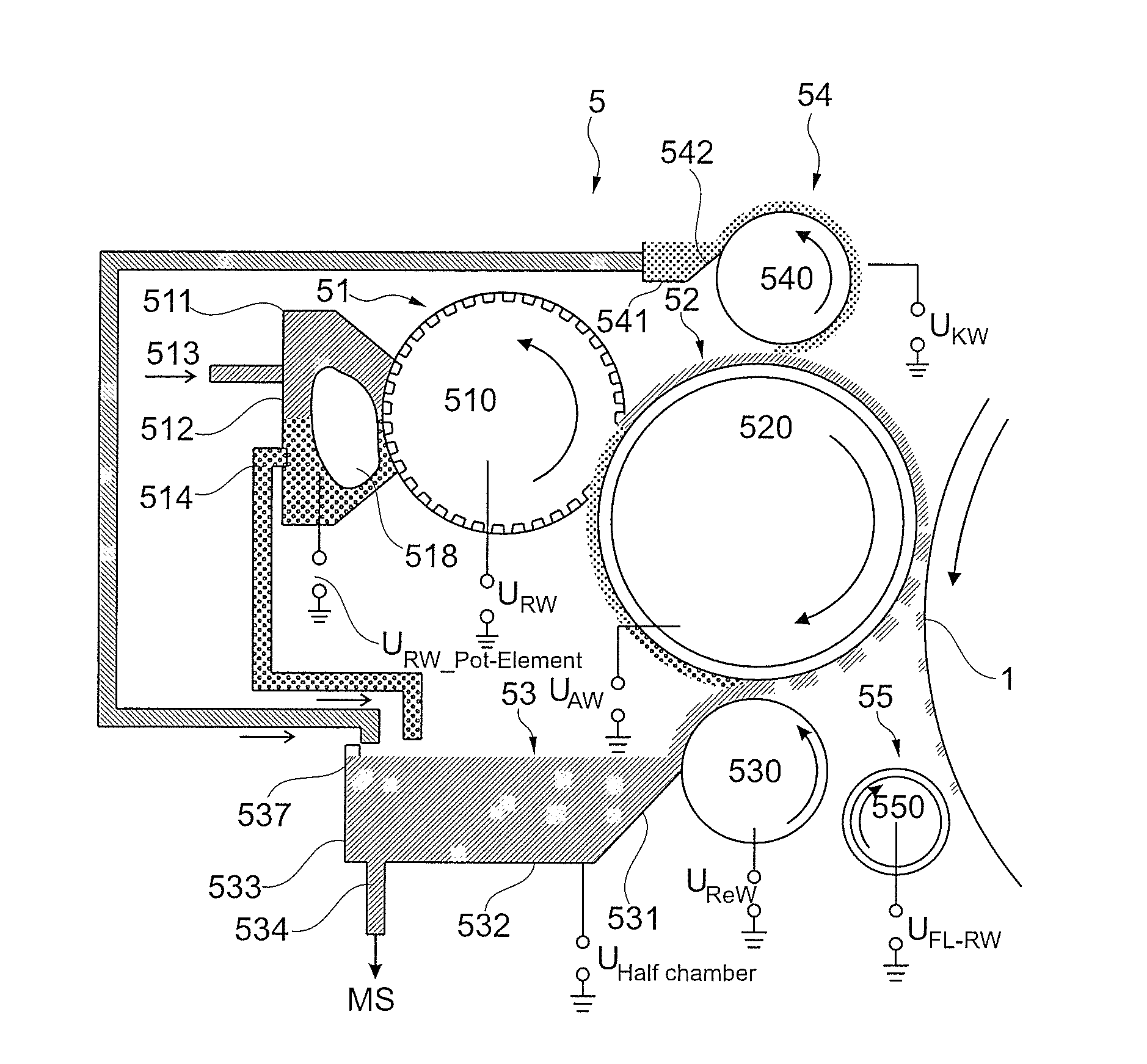 Device and method to develop potential images generated on an intermediate image carrier in an electrographic printing or copying device