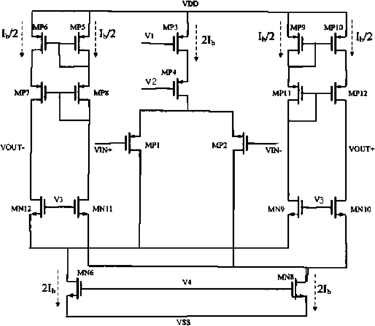 Symmetrically-folded MOS (metal oxide semiconductor) transistor cascade amplifier with broadband and low-power consumption