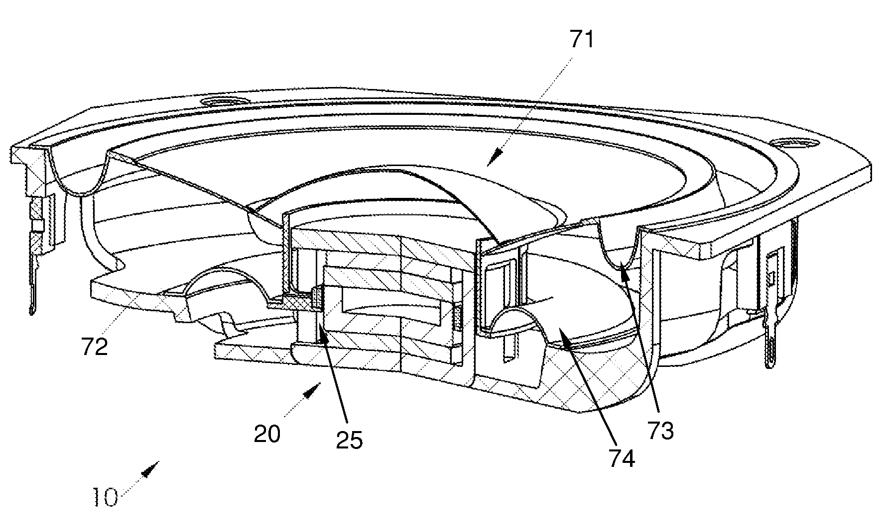 Long excursion loudspeaker with closed magnetic circuit and ribbed robbin extending through slotted yoke