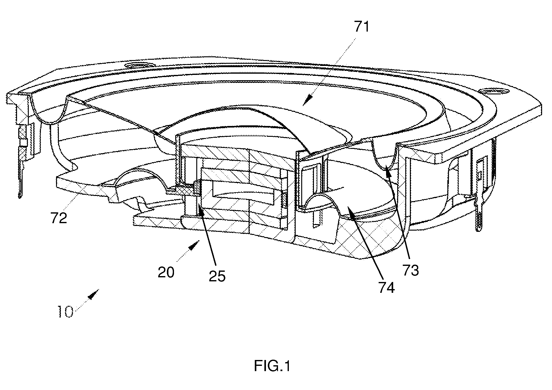 Long excursion loudspeaker with closed magnetic circuit and ribbed robbin extending through slotted yoke