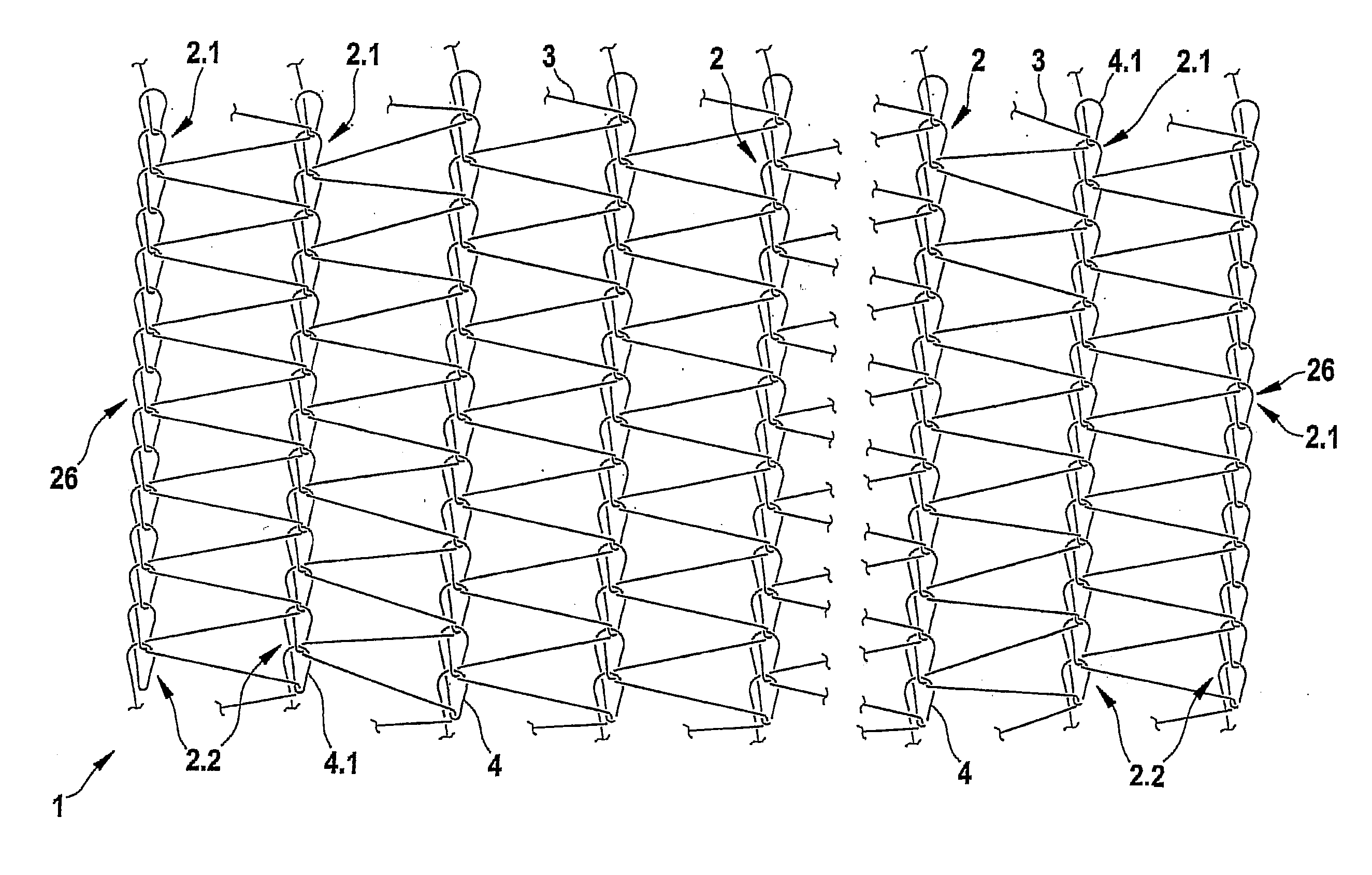 Knitted net for enveloping round bales, and method and device for the production thereof