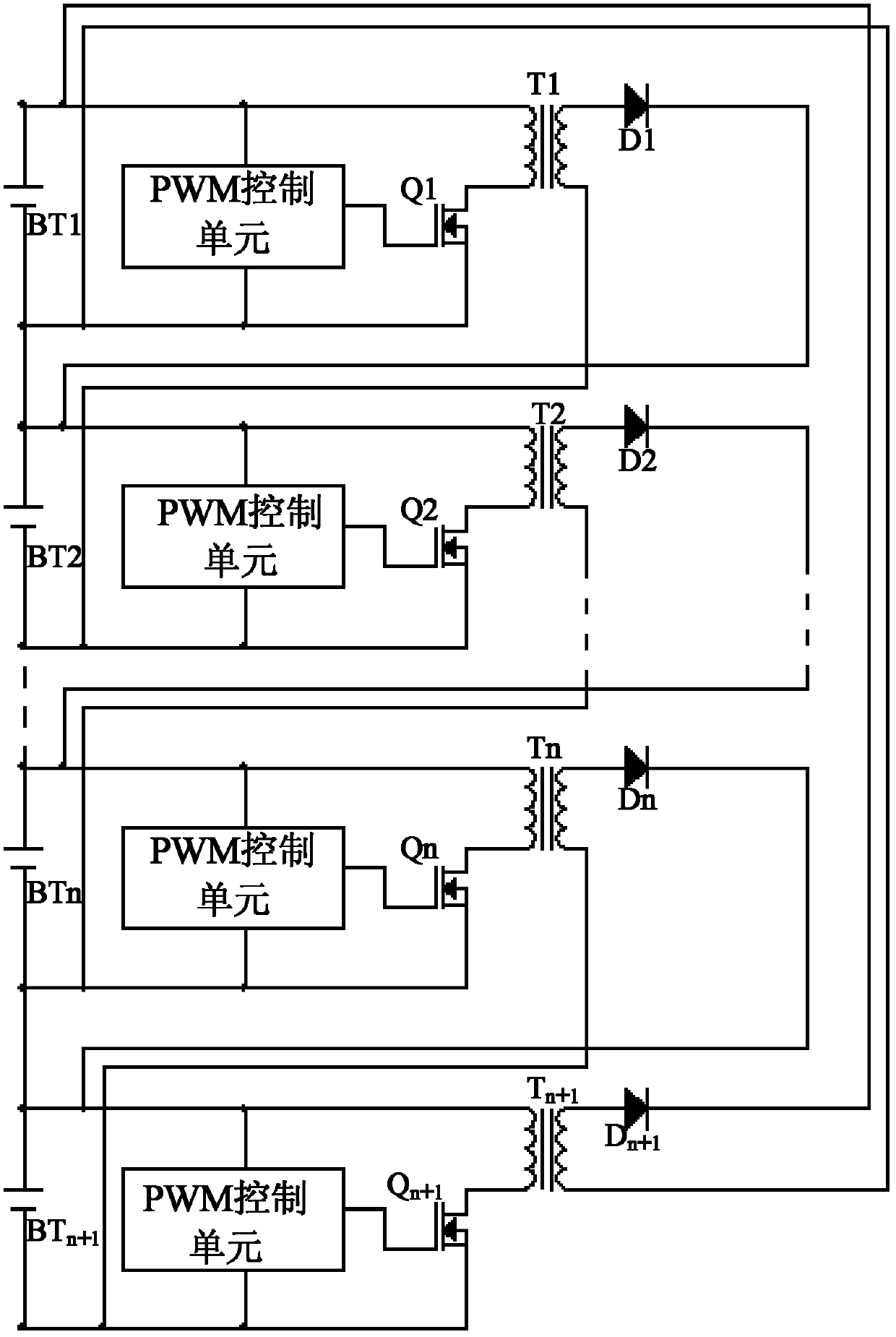 Energy balance circuit for battery pack connected in series