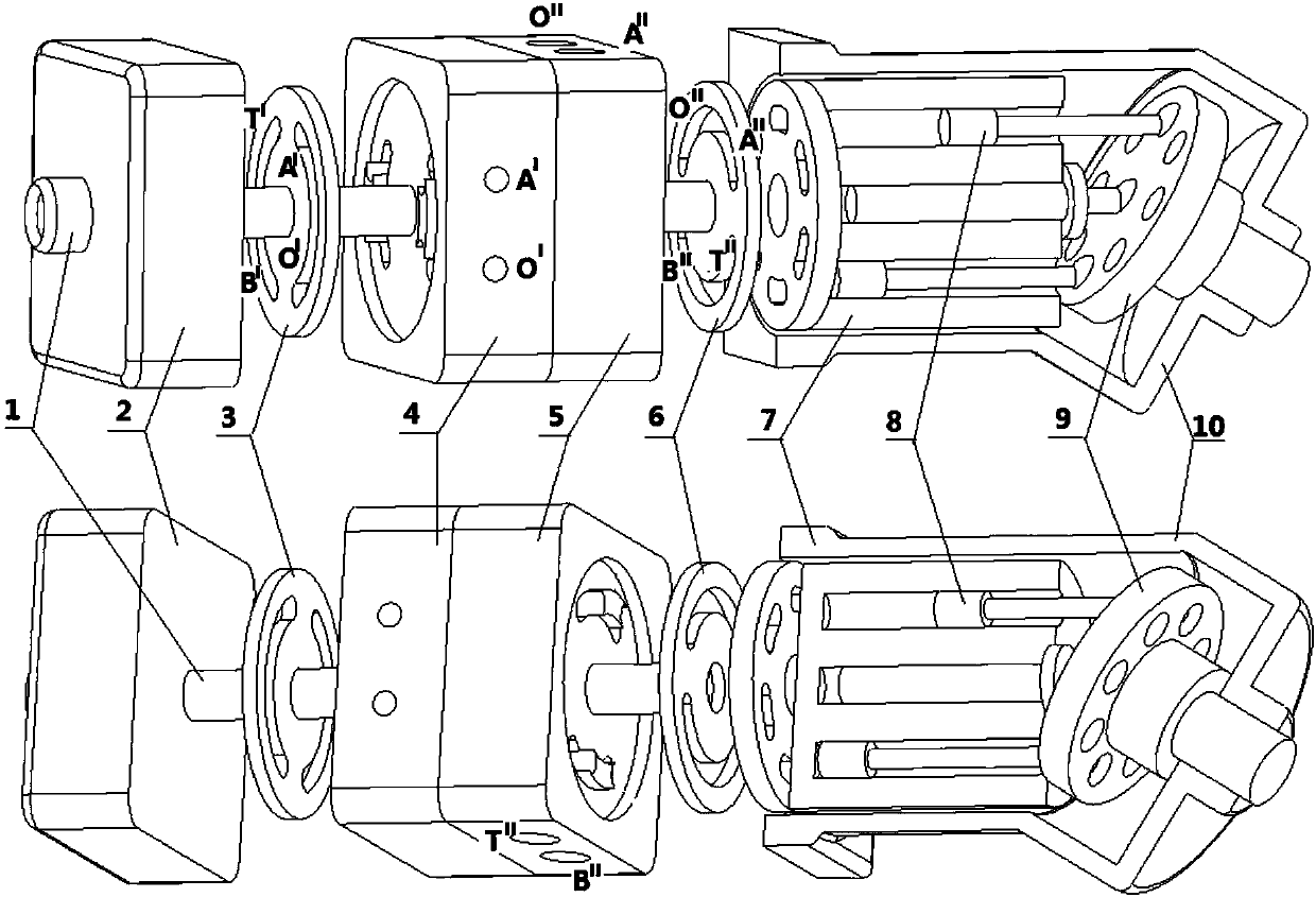 Four-way hydraulic transformer with variable flow-distribution waist-type holes and equal flow discharge of inlet and outlet oil