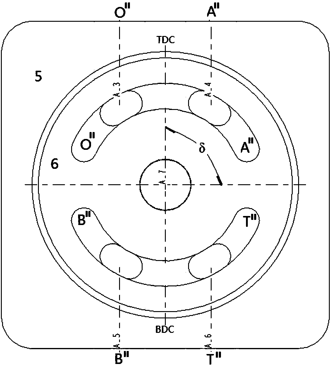 Four-way hydraulic transformer with variable flow-distribution waist-type holes and equal flow discharge of inlet and outlet oil