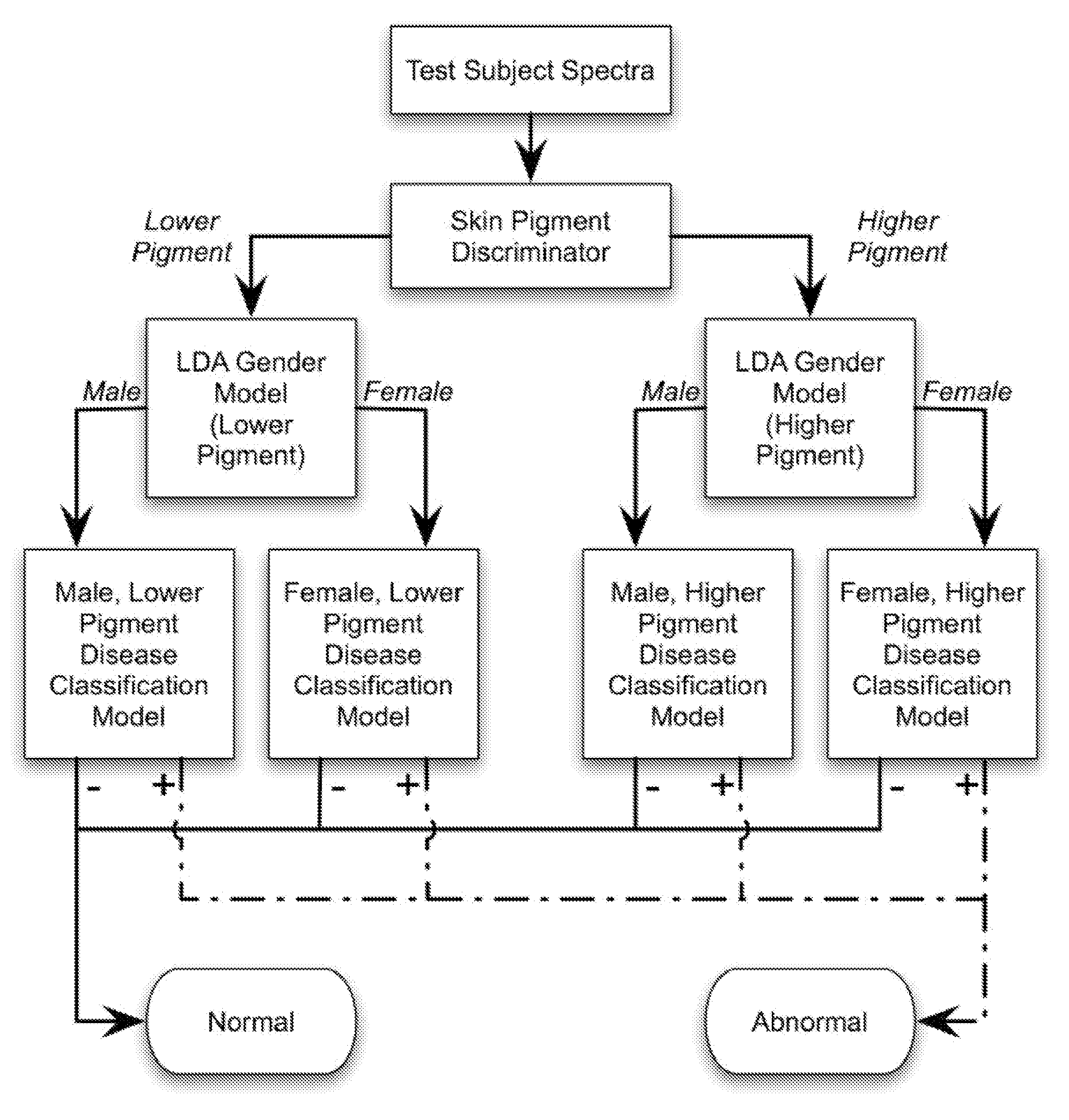 Determination of a measure of a glycation end-product or disease state using a flexible probe to determine tissue fluorescence of various sites