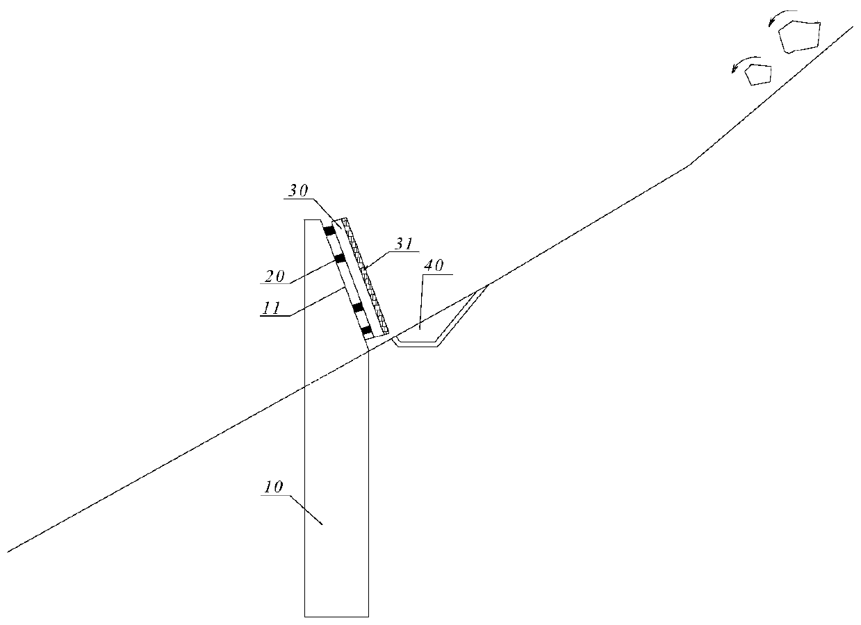 Combined structure for resisting steep slope high-energy rockfall