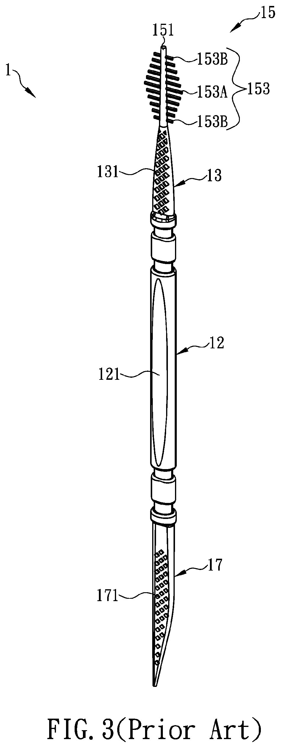 Three-in-one tooth-cleaning device structured as toothpick, interdental brush, and floss pick