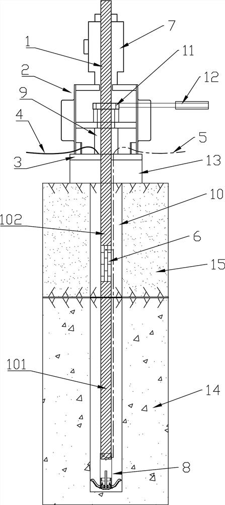 Tensioning type anchoring device capable of monitoring deformation and construction method thereof