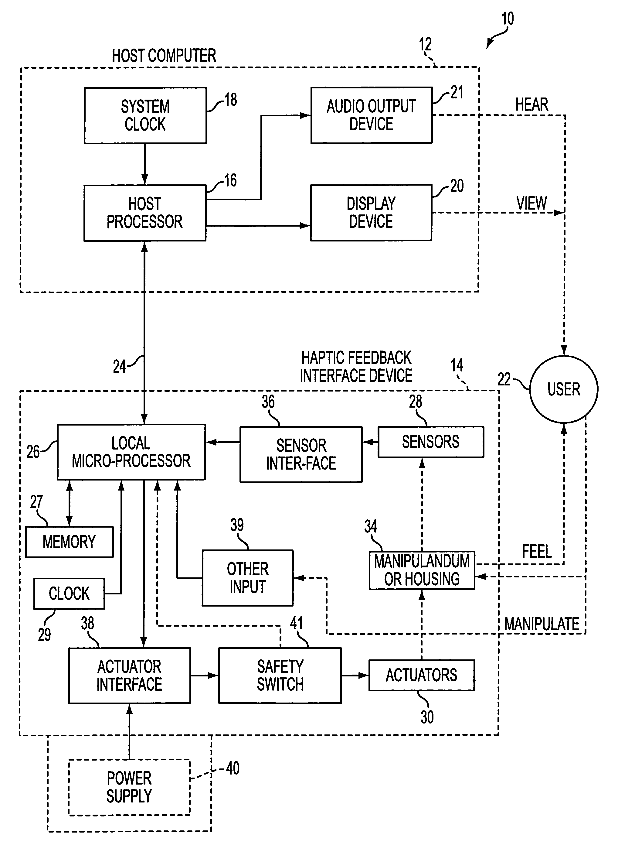 Hybrid control of haptic feedback for host computer and interface device