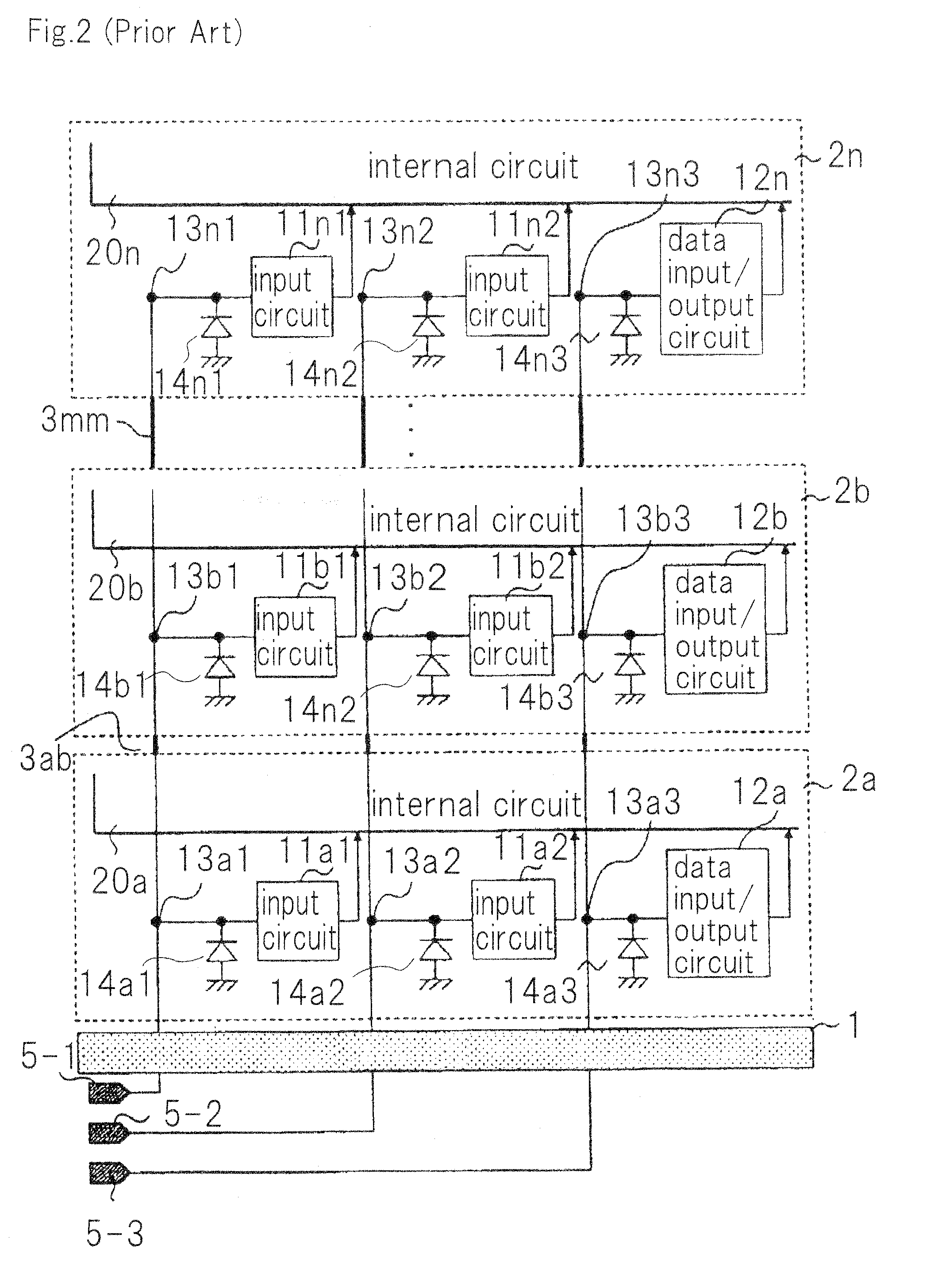 Separate testing of continuity between an internal terminal in each chip and an external terminal in a stacked semiconductor device