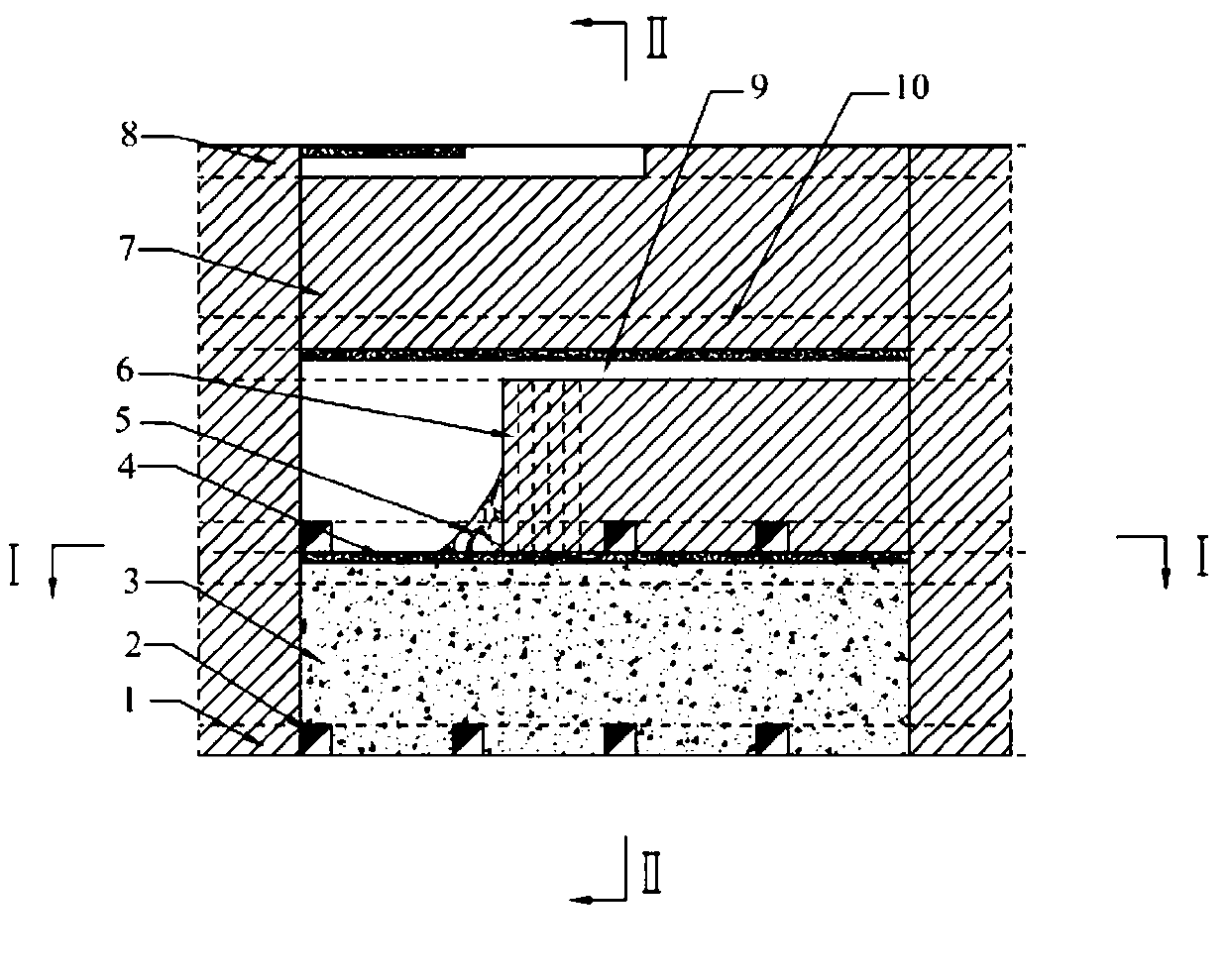 Inclination fragmentation ore body segment top board reconstruction middle-deep hole ore break down filling mining method