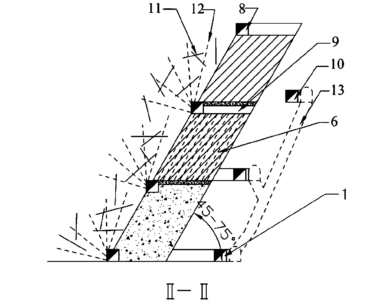 Inclination fragmentation ore body segment top board reconstruction middle-deep hole ore break down filling mining method