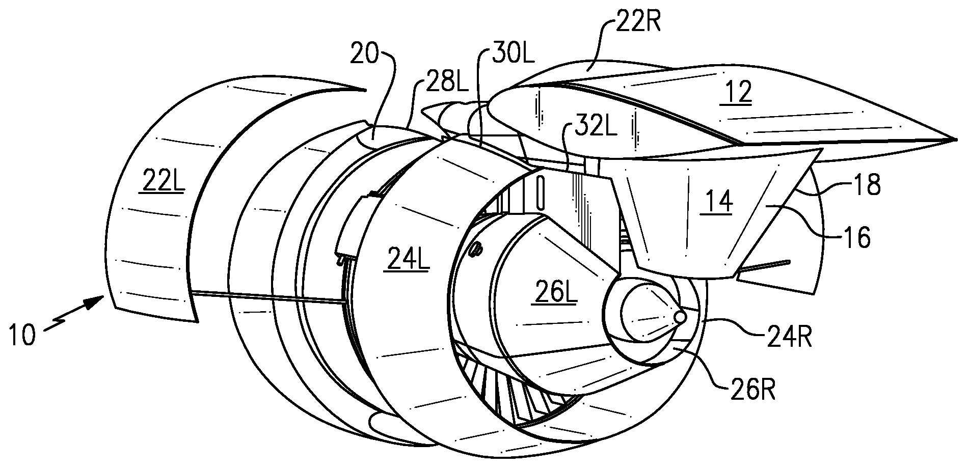 Nacelle assembly without lower bi-fi splitter