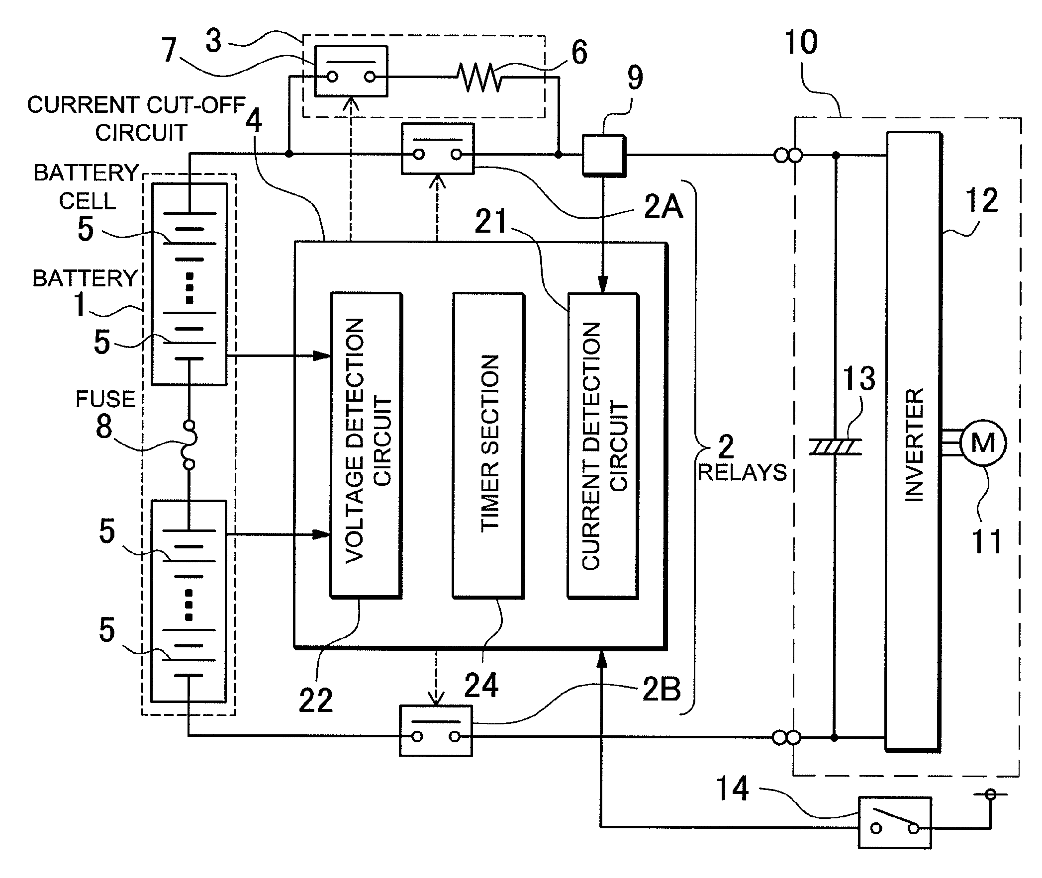 Battery system with relays