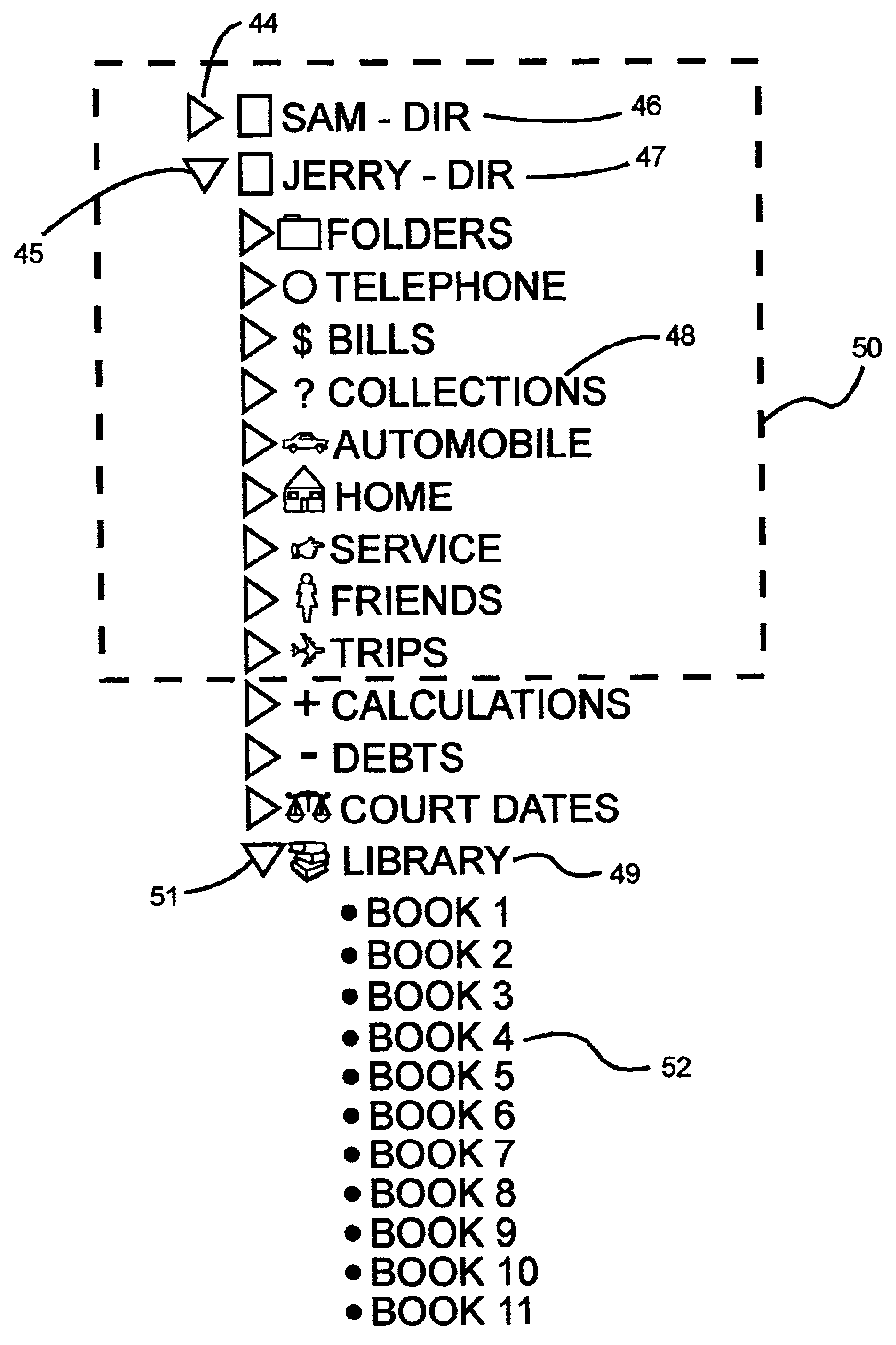 Computer controlled user interactive display interface implementation for tracking the organization of items in a hierarchical tree of nested categories