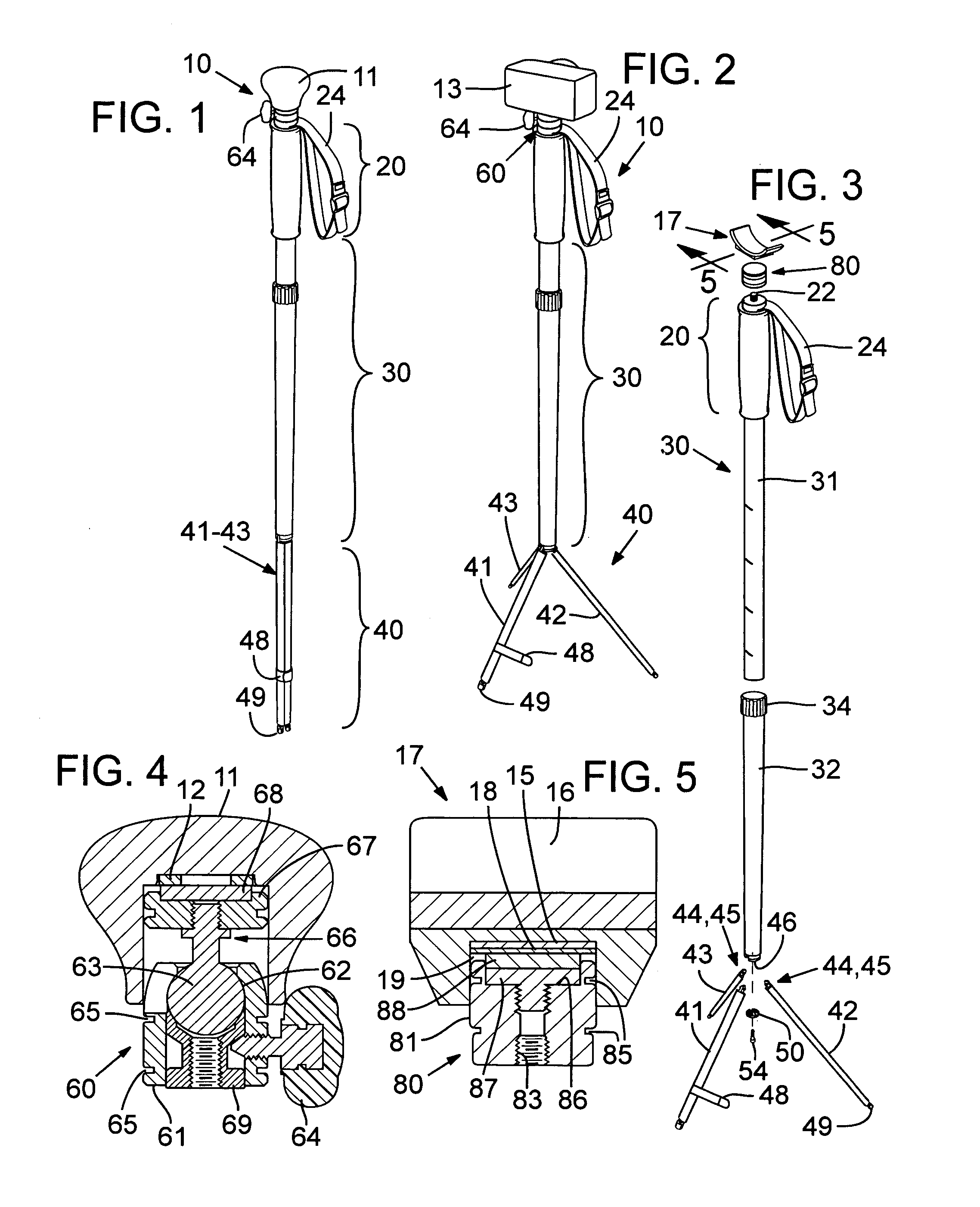 Walking staff with tripod base and adaptable mount