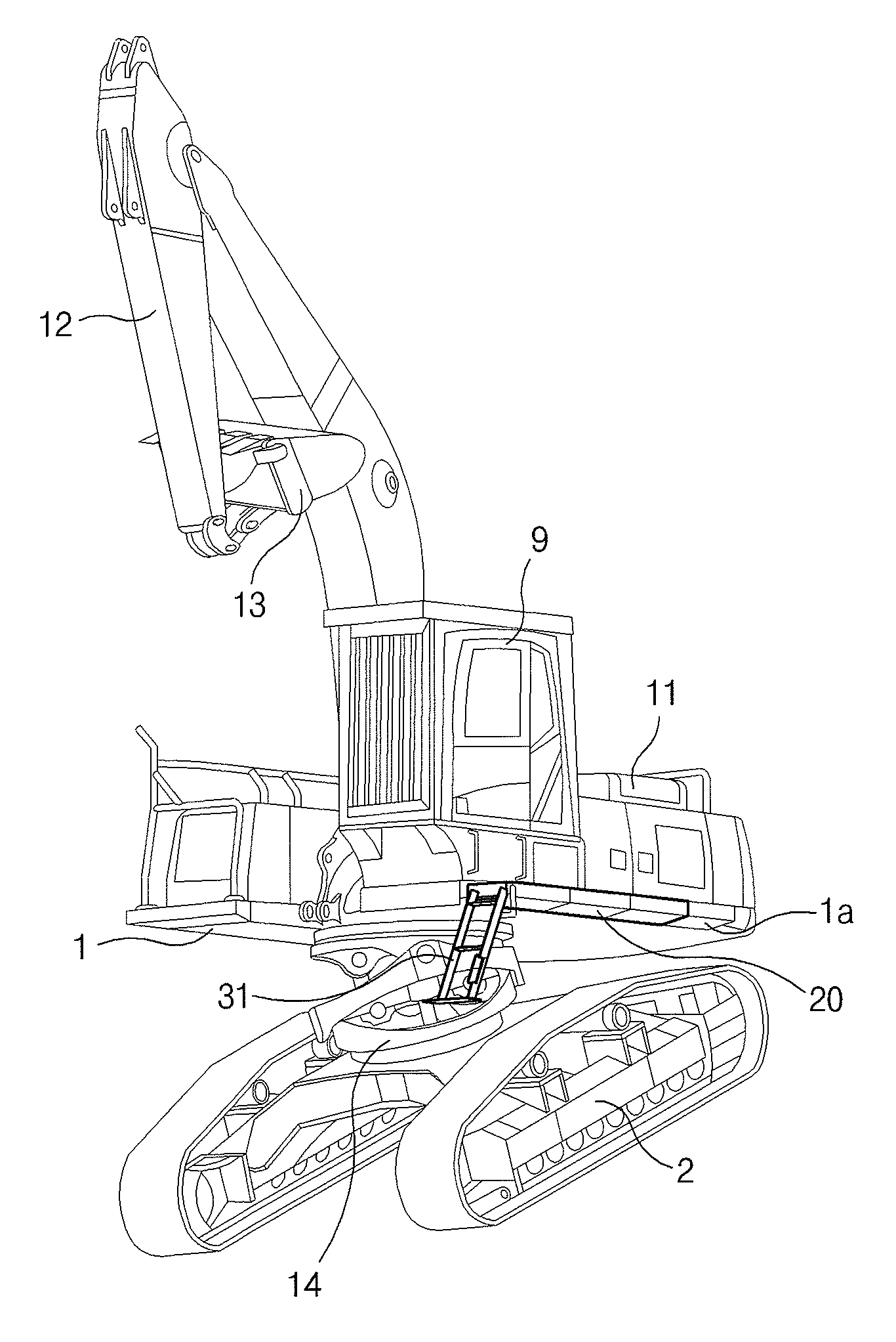 Step apparatus for heavy construction equipment and tree harvester having leveling system