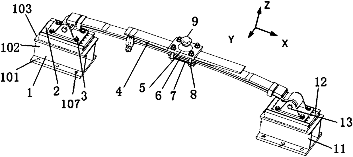 A test device for the upper and lower force bench of the leaf spring