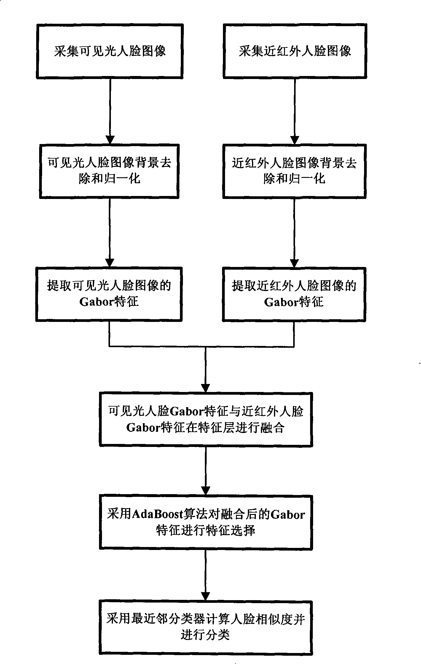 Human face recognition method based on visible light and near-infrared Gabor information amalgamation