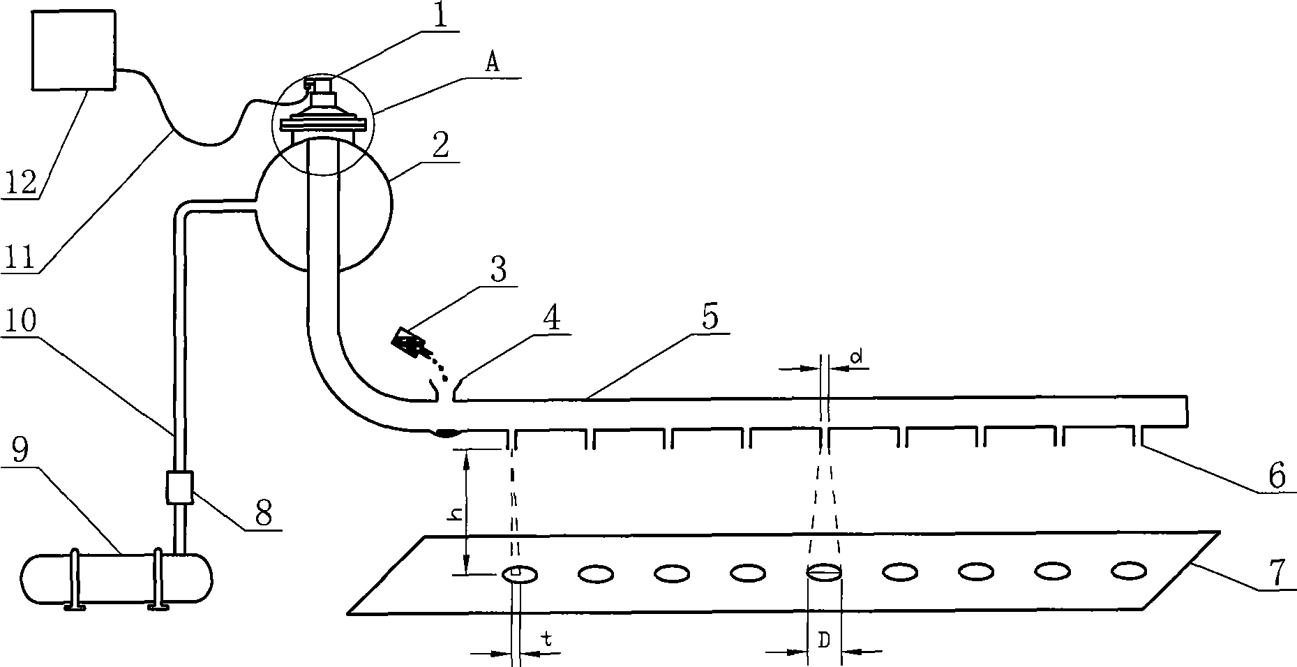 Test device and method for impulse blowing jet stream included angle and jet stream declination angle