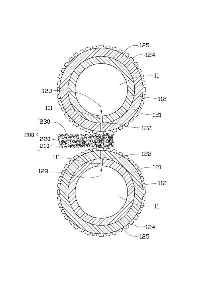 Embossing device and embossing process, composite non-woven fabric absorber, production device and process thereof