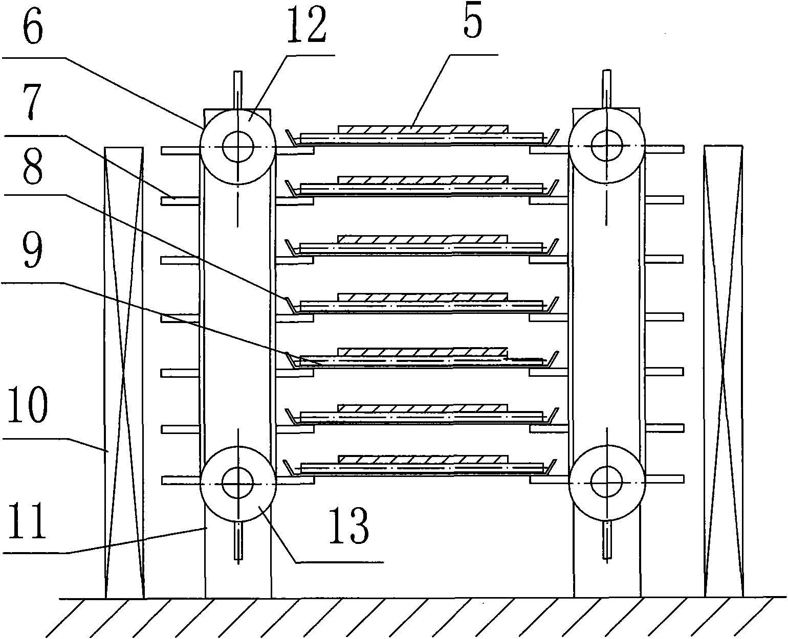 Movable tray stack type material cold bed