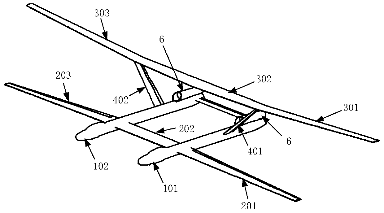 Aerodynamic layout of a high-altitude long-endurance aircraft with twin fuselages, high rear wings and three surfaces