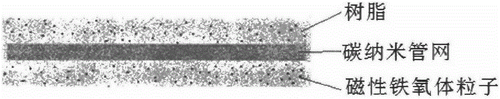 Stratified electromagnetic shielding material containing carbon nanotube network resin base, and preparation method thereof