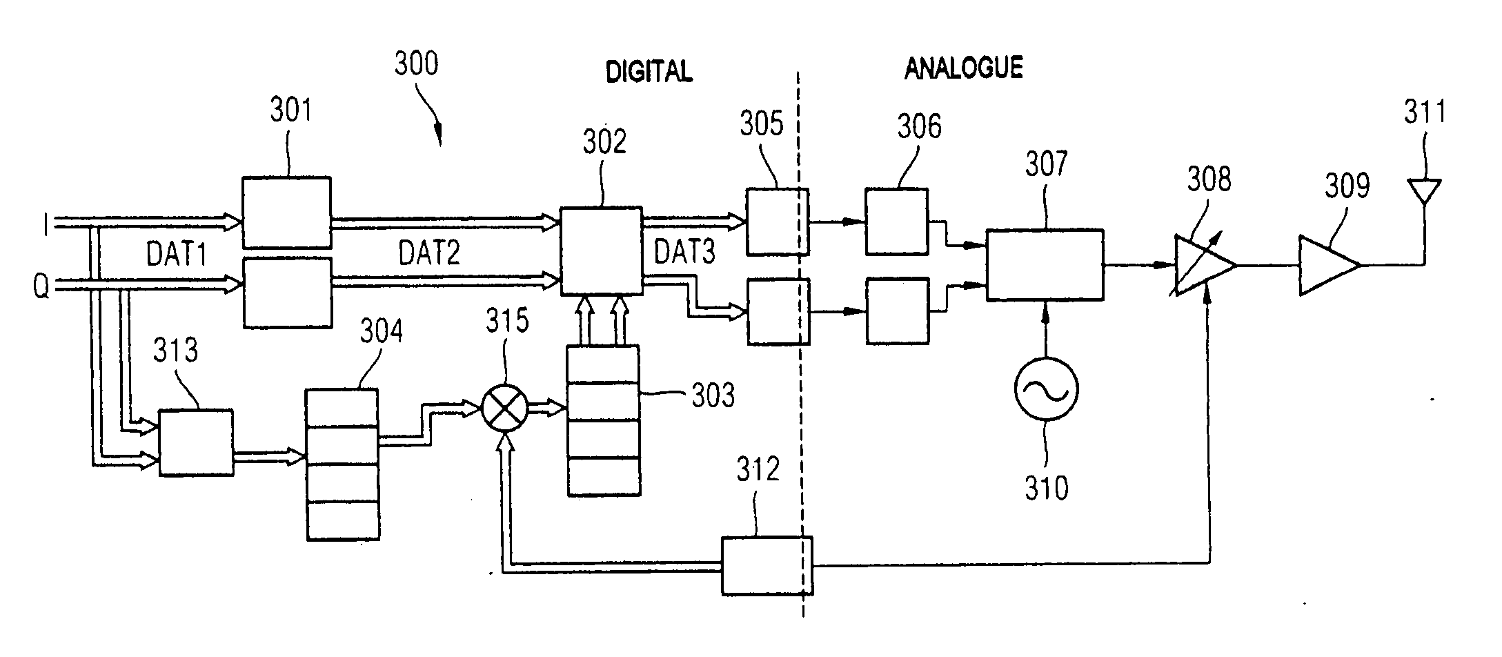 Device for processing radio transmission data with digital predistortion