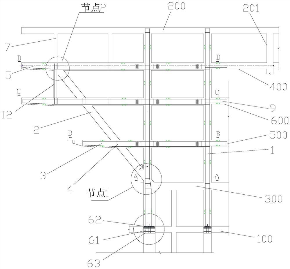 Large-span step-by-step cantilevered diagonal bracing structure and its construction method based on pull-up and bottom-embedded structures