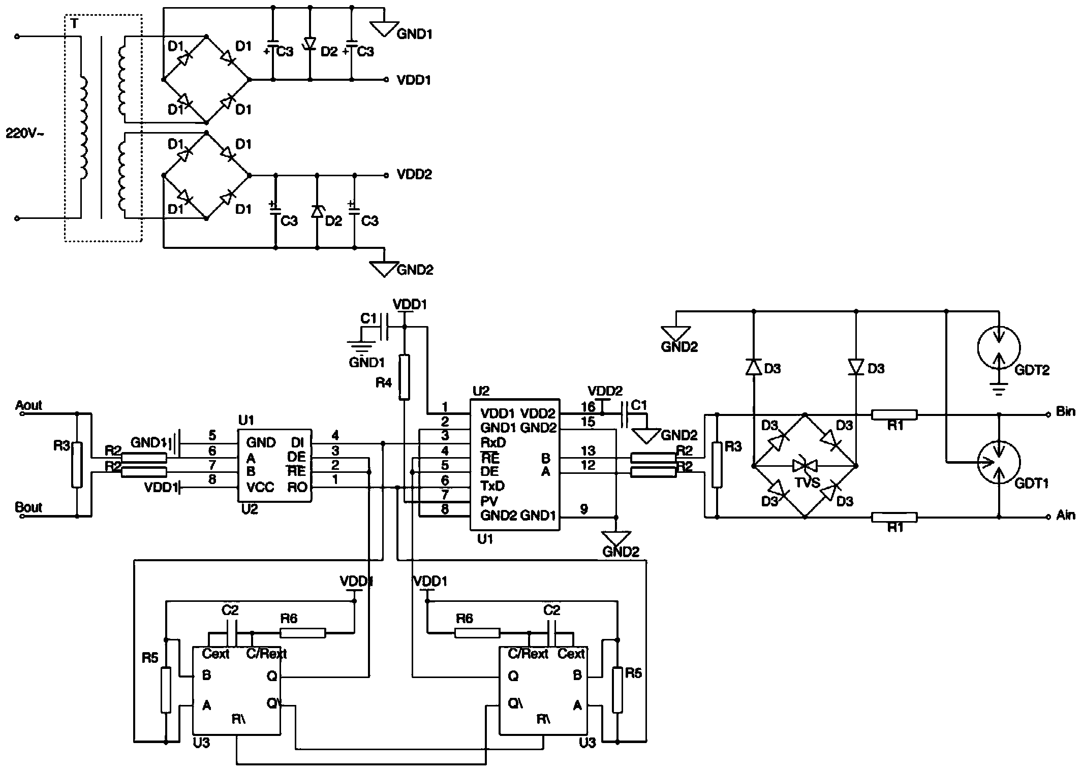 Isolating-type bidirectional communication signal lighting protection device