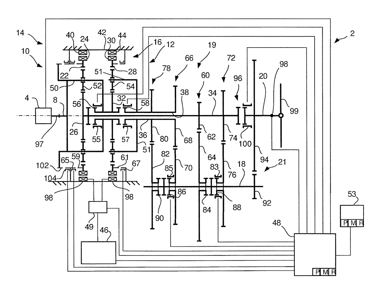 Gearbox for a hybrid powetrain and method to control the gearbox