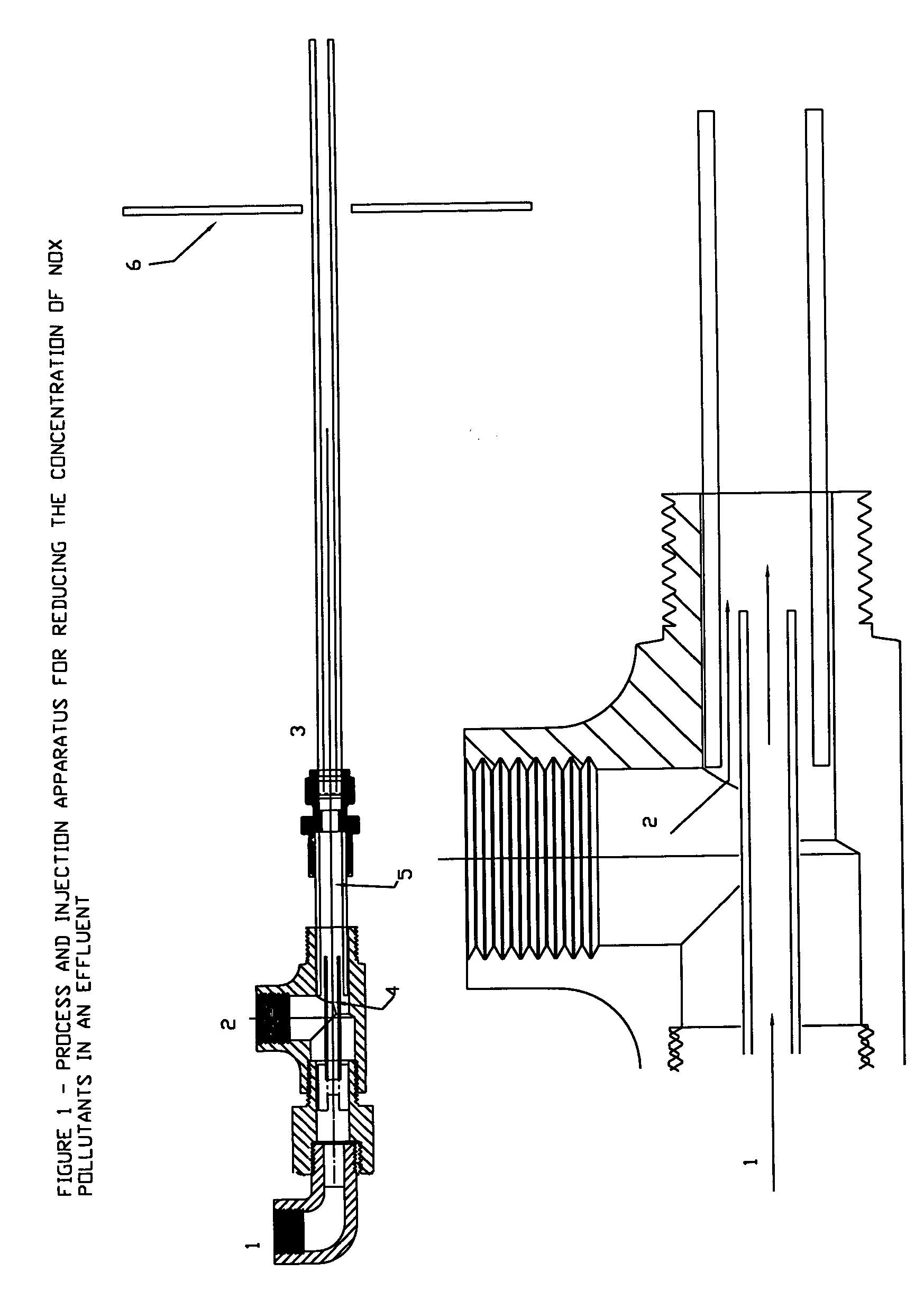 Process and injection apparatus for reducing the concentration of NOX pollutants in an effluent