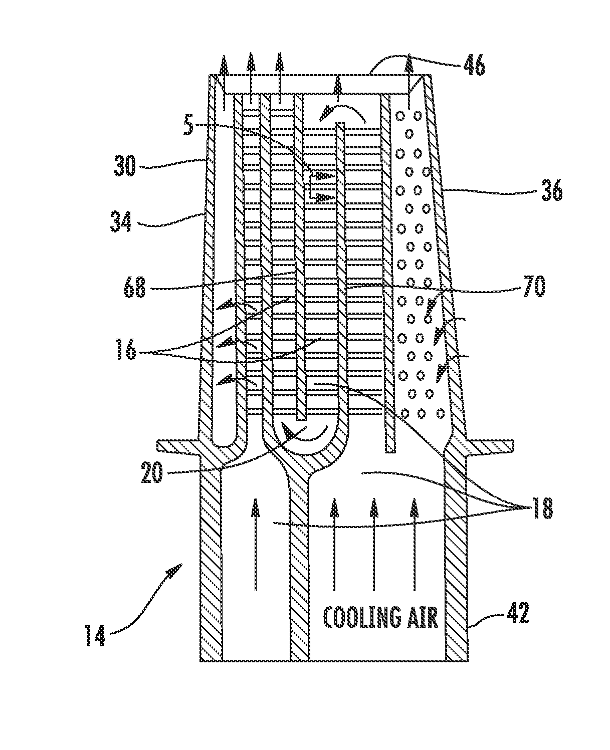 Turbine airfoil with an internal cooling system having trip strips with reduced pressure drop