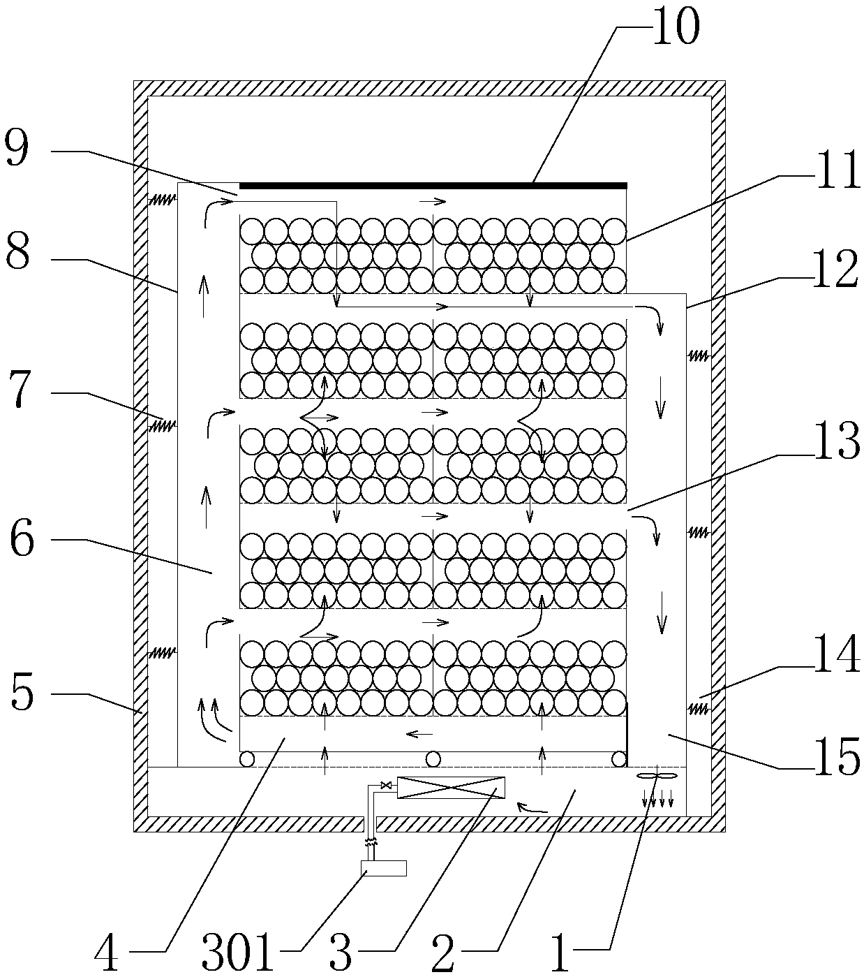 Vertical ventilation differential pressure pre-cooling device for fruits and vegetables