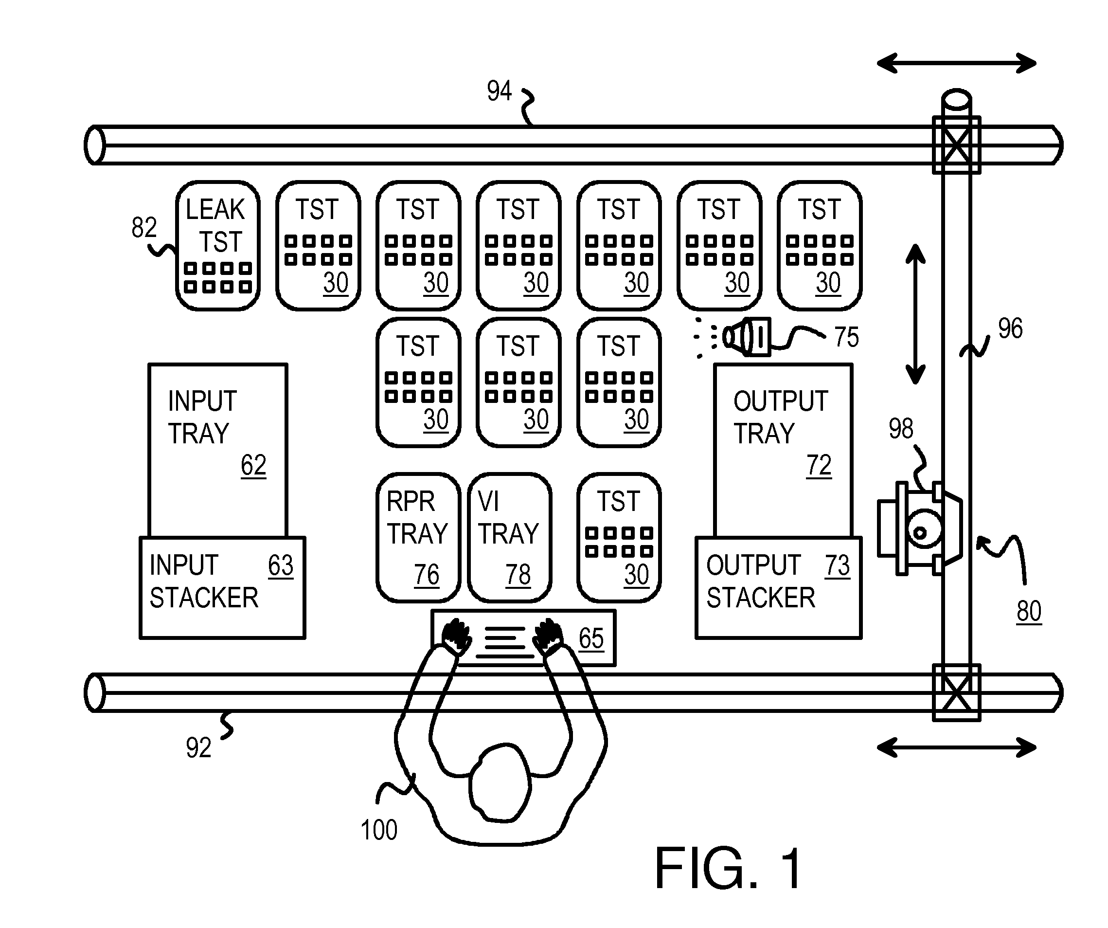 Chip Handler with a Buffer Traveling between Roaming Areas for Two Non-Colliding Robotic Arms