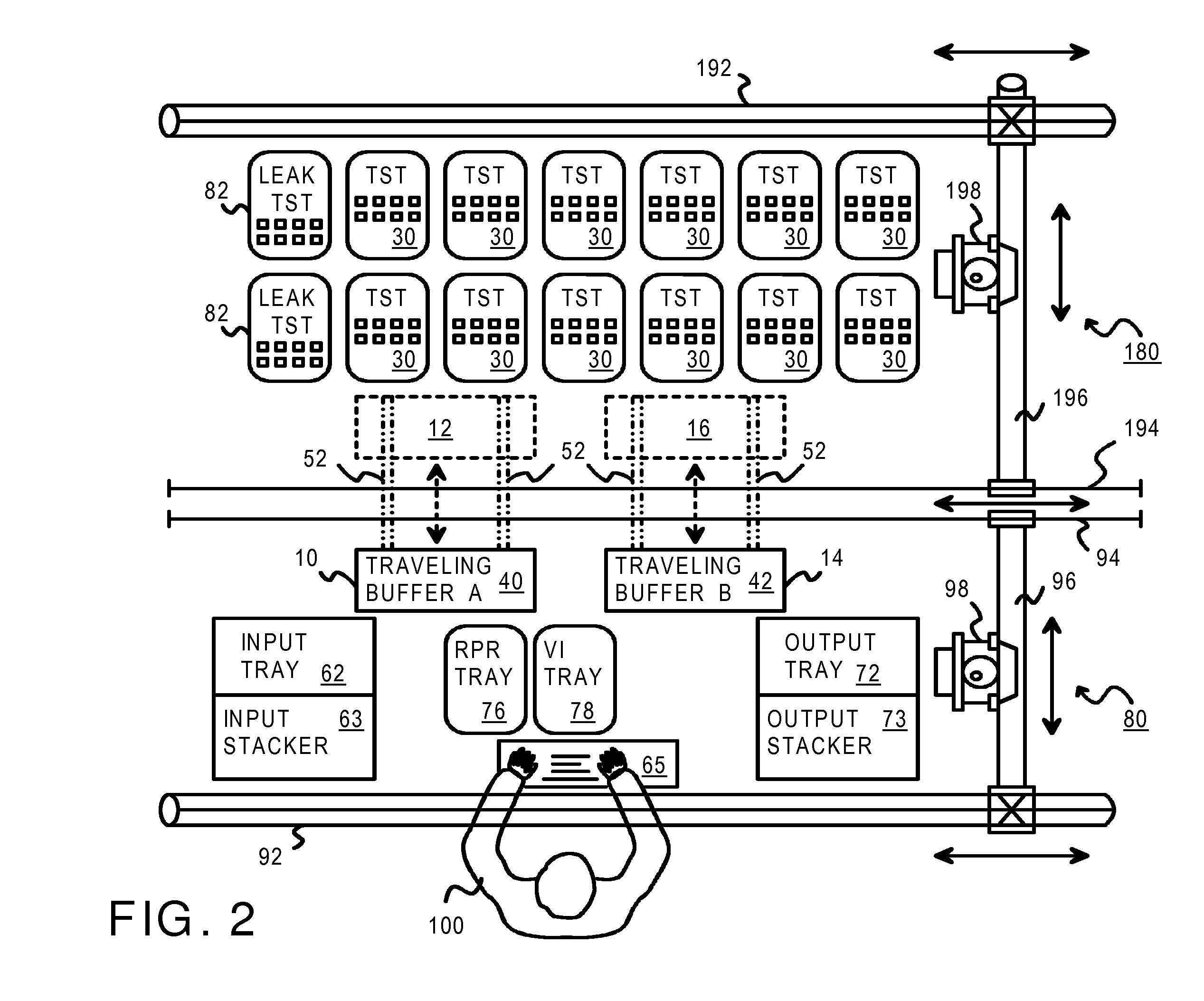 Chip Handler with a Buffer Traveling between Roaming Areas for Two Non-Colliding Robotic Arms