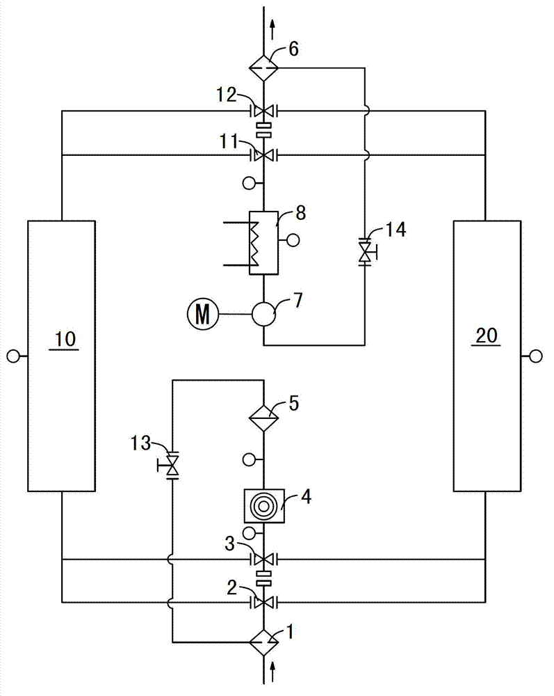 External circulation heating regeneration gas dryer with three-way valves