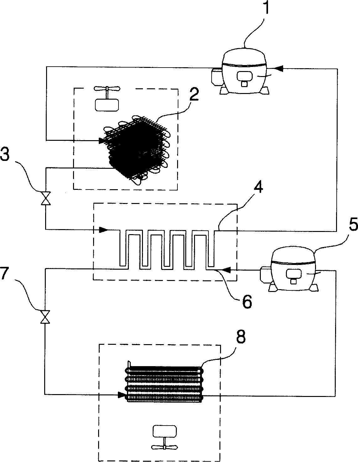 Hybrid cooling system, and refrigerator and freezer using the same