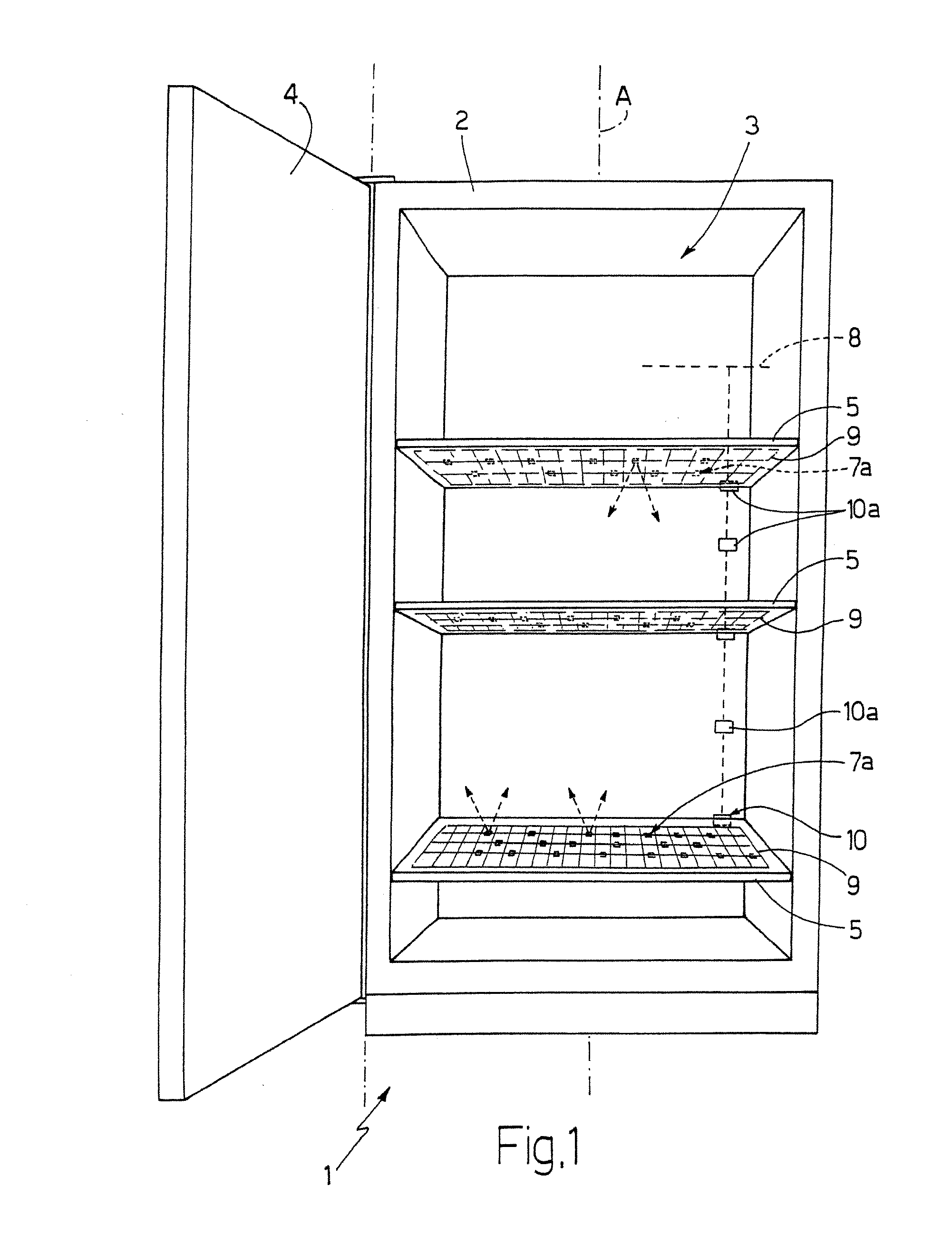 Food refrigeration appliance with illuminated shelves, and method of producing the illuminated shelves