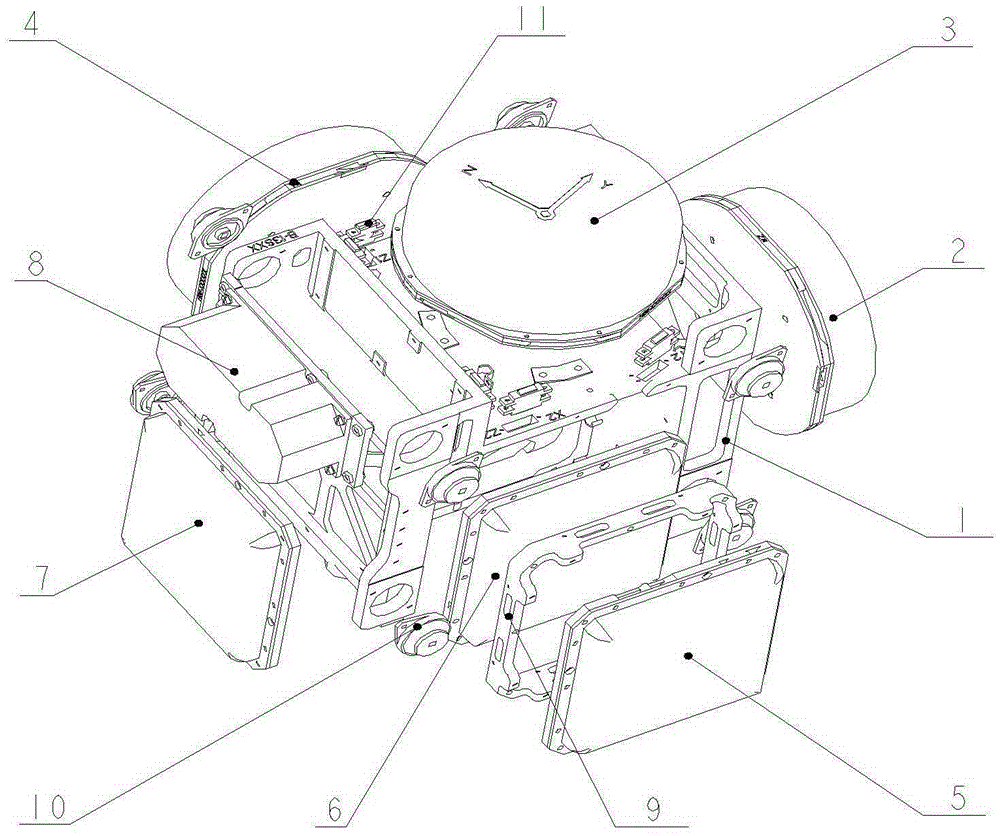 Triaxial optical fiber gyro structure taking eight-point vibration reduction and accelerometer heat-insulation measures