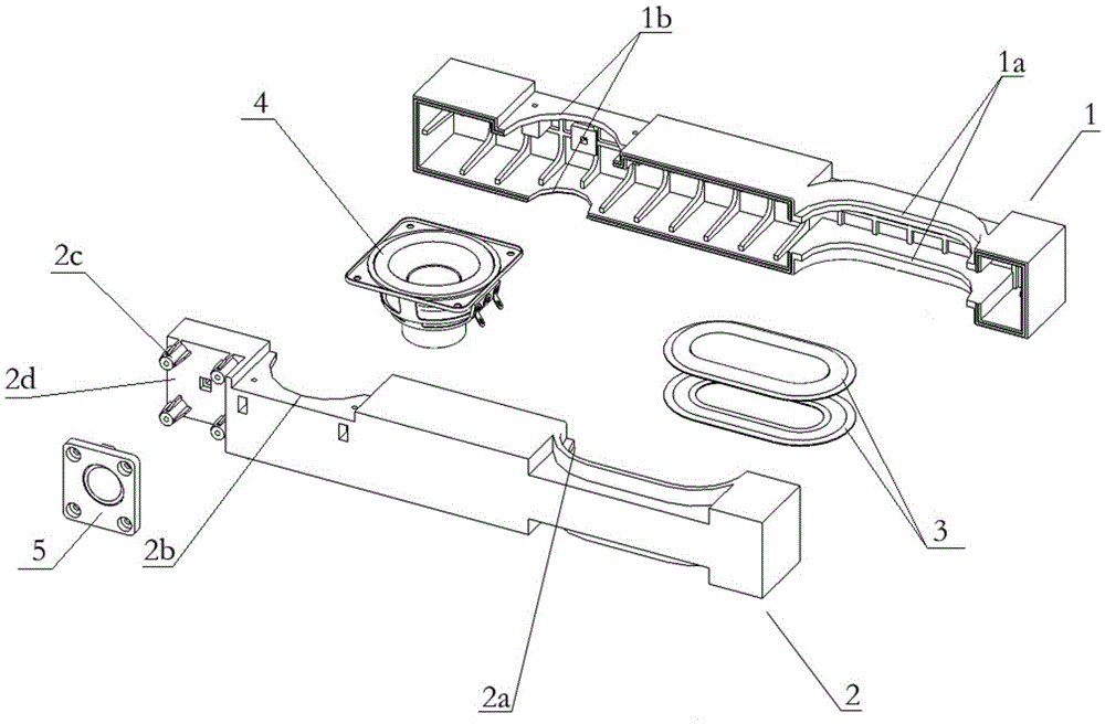 Strip-shaped loudspeaker box with mirror image type low-frequency radiators