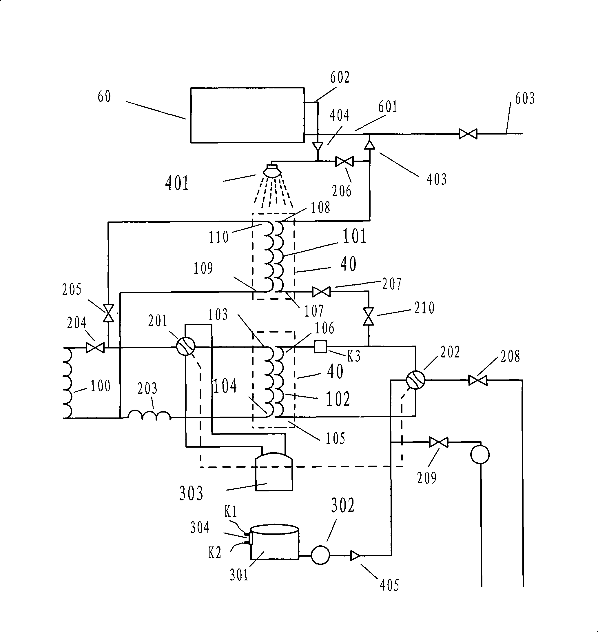 Air conditioner heat exchange type condensator and spray evaporative cooling system